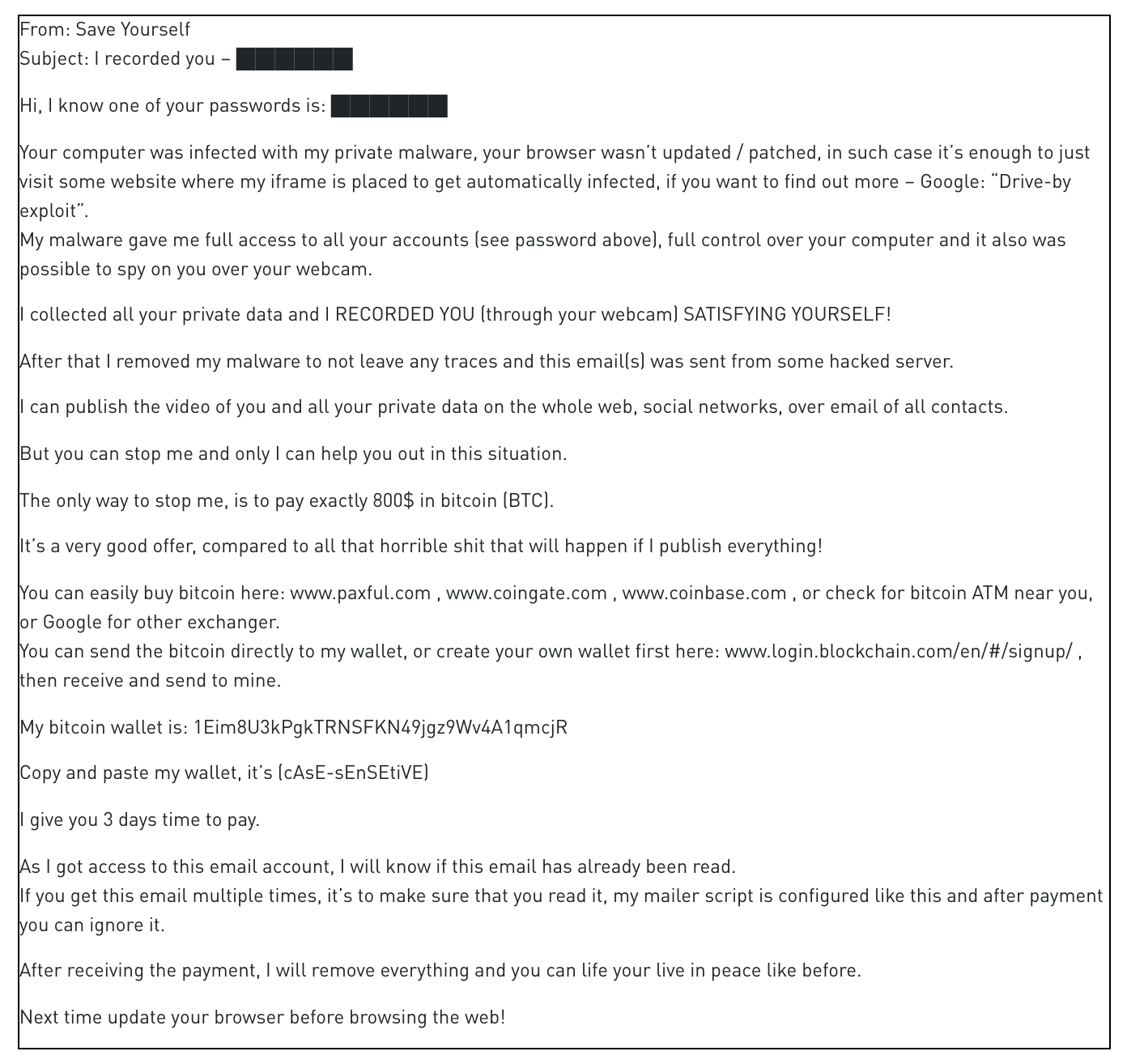 Example of sextortion email sent
