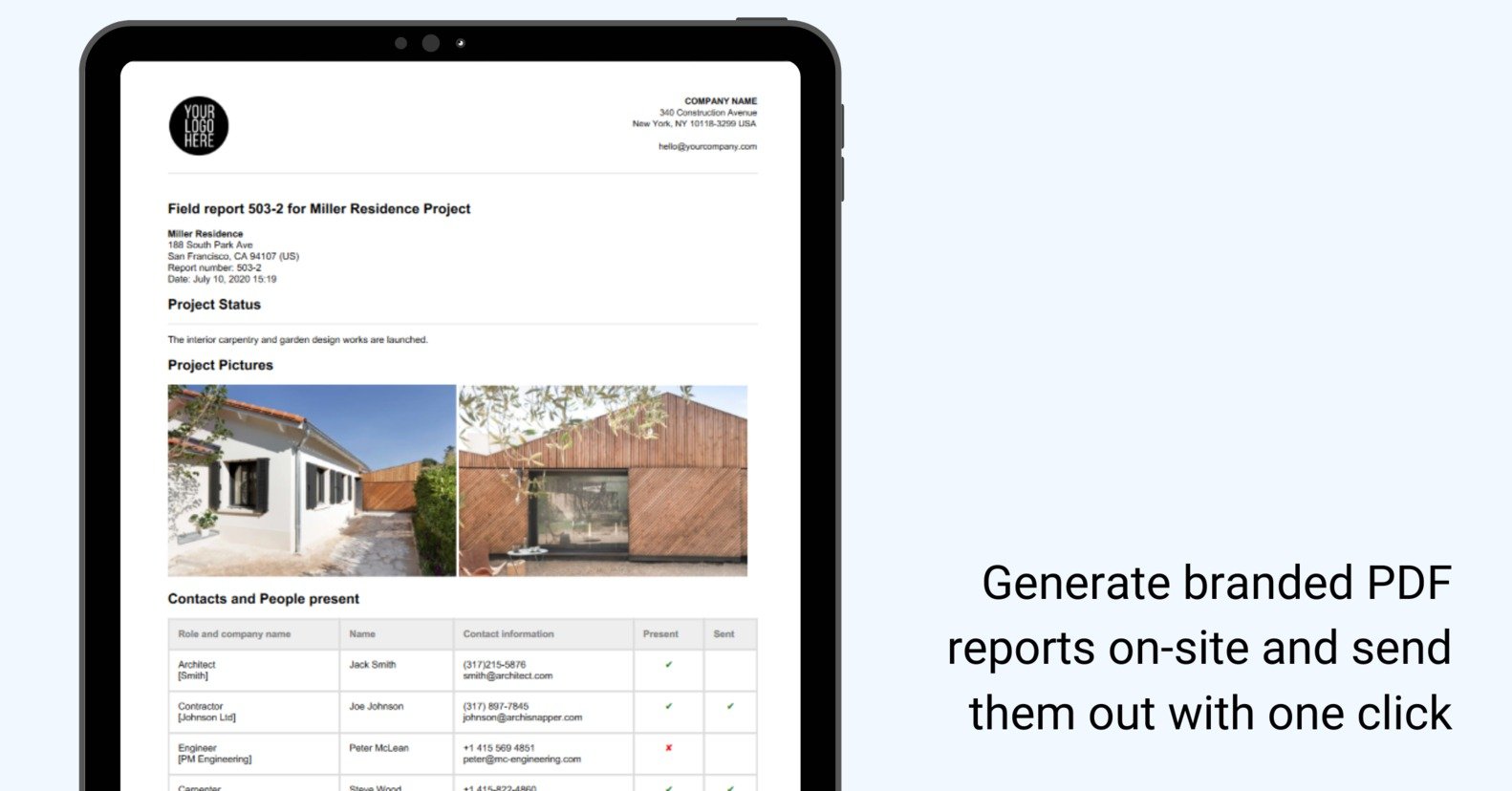 5. generate branded PDF reports onsite